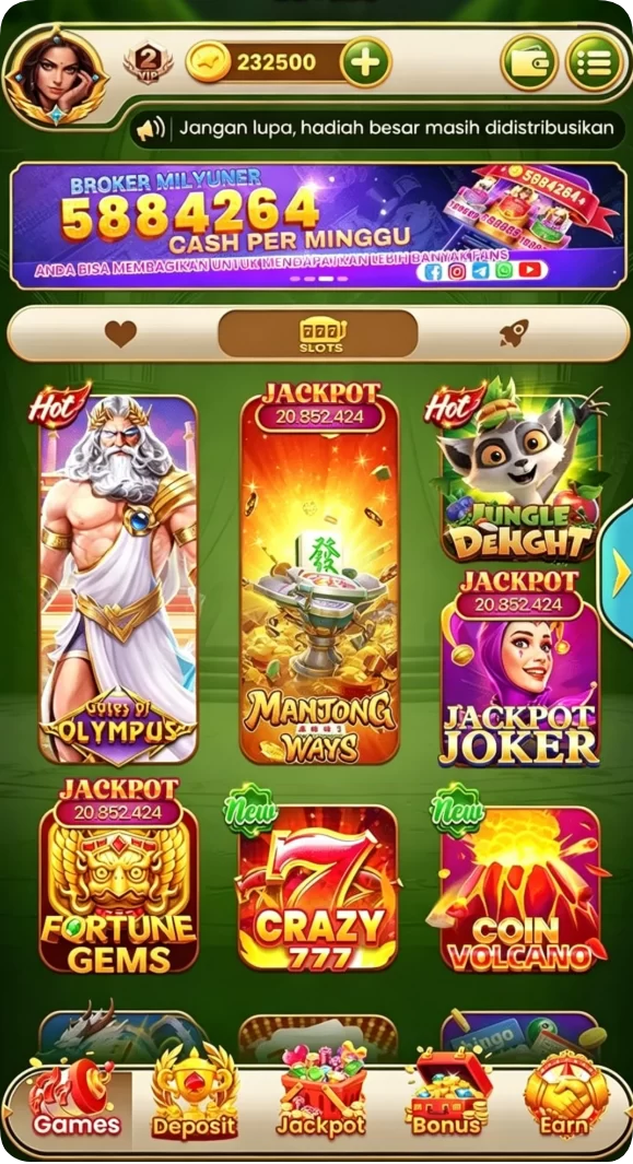 Tampilan utama aplikasi Download Aplikasi proslot Terbaru untuk HP Android yang intuitif dan efisien.